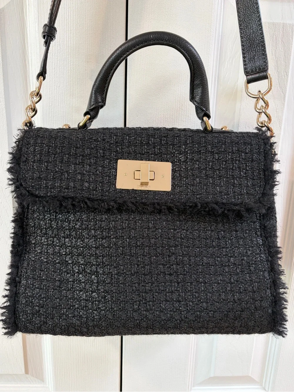 Kate Spade Nadine Black Wool Tweed Satchel with Gold Hardware